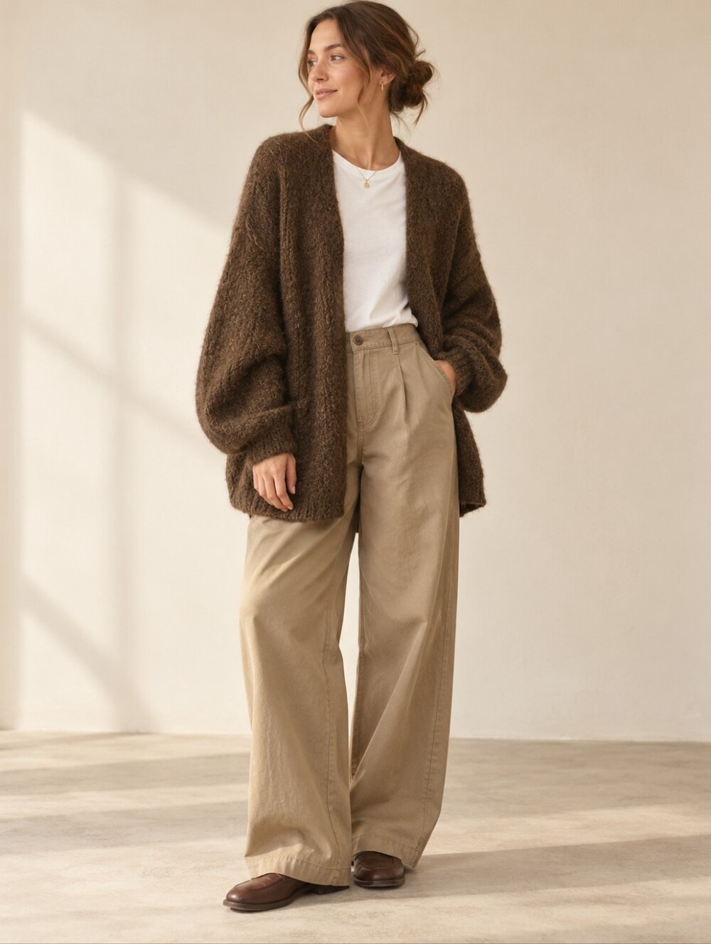 Chocolate Brown Oversized Open-Front Knit Cardigan Baloon Sleeves L/XL